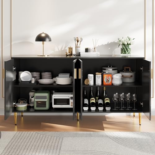 Schwarzes Sideboard (152 x 40 x 75 cm) mit einzigartigem Wellendesign und goldenen Griffen und Füßen, das einen eleganten Essbereich schafft von Crlnaup