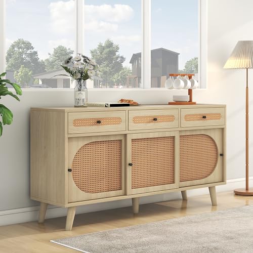 Sideboard aus Holz, 140 cm lang, mit PE-Kunststoff-Rattantür und verstellbaren Einlegeböden, 3 Schubladen, Sideboard mit 3 Schiebetüren von Crlnaup