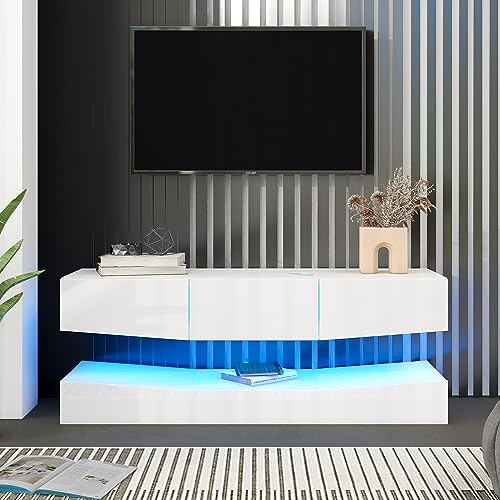 TV Board Weiss Hochglanz Hängend TV Stand TV Schank mit LED-Beleuchtung TV Schrank Hängend Wand befestigter schwimmender TV-Ständer Unterhaltungs Medienkonsolen-Centerfür Wohnzimmer Home Office von Crlnaup