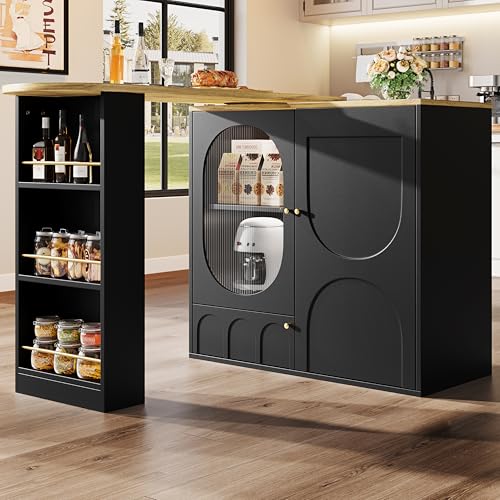 Um 360° drehbarer Bartisch, Stehtisch (Korpus 138 x 39 x 102 cm), Kaffeebarmöbel, drehbare Esstheke mit Stauraum, Kücheninsel, drei Türen mit Türregalen,herausnehmbare Trennwände, weiß / schwarz von Crlnaup