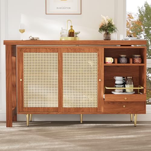 Um 360° drehbarer Stehtisch (Hauptkörper: 107 x 40 x 71,4 cm), brauner Stehtisch mit erweiterbarem Design, Aufbewahrungsschrank mit Rattantür + offenes Lagerregal, geeignet für Küche und Esszimmer von Crlnaup