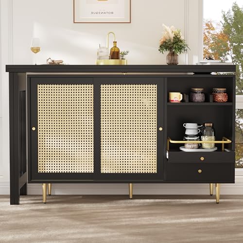 Um 360° drehbarer Stehtisch (Hauptkörper: 107 x 40 x 71,4 cm), schwarzer ausziehbarer Design-Stehtisch, Aufbewahrungsschrank mit Rattantür + offenes Lagerregal, geeignet für Küche und Esszimmer von Crlnaup