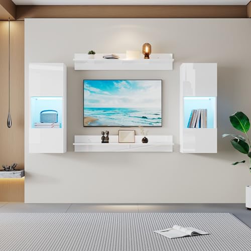Wandregal 4er Sett, LED-Wandschrank und 2 Regale – Smarte APP-gesteuerte Beleuchtung, Hochglanzoberfläche und Türen aus gehärtetem Glas, für Wohnzimmer, TV-kompatibel, TV-Schrank-Set, Weiß von Crlnaup