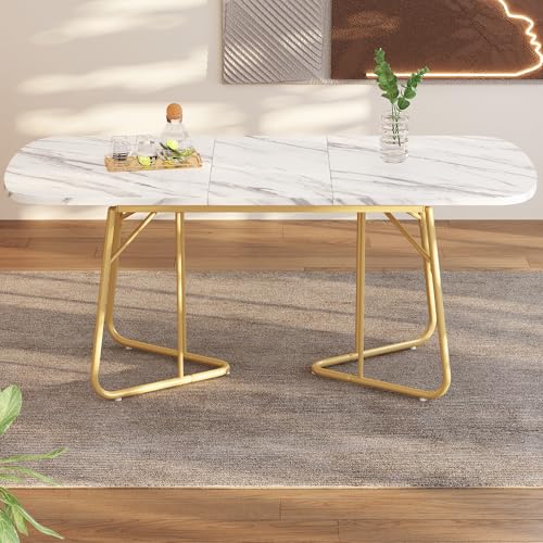 Weißer erweiterbarer Esstisch mit Marmorstruktur,vergoldete Metall-Tischbeine,erweiterbarer Esstisch140/180*80 cm,exquisiter Luxus-Stil,weißer rechtwinkliger Esstisch,geeignet für 4–6 Person Weißer erweiterbarer Esstisch mit Marmorstruktur,vergoldete Metall-Tischbeine,erweiterbarer Esstisch140/180*80 cm,exquisiter Luxus-Stil,weißer rechtwinkliger Esstisch,geeignet für 4–6 Person von Crlnaup