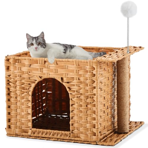 CroBlissful Rattan-Katzentoilette, Möbel, Katzenbett, Höhle für Innen, Kätzchen, handgewebt, verstecktes Haustierwürfelhaus mit flauschigem Ball, Sisalpfosten für Wohnzimmer, Schlafzimmer, 47 x 34 x CroBlissful Rattan-Katzentoilette, Möbel, Katzenbett, Höhle für Innen, Kätzchen, handgewebt, verstecktes Haustierwürfelhaus mit flauschigem Ball, Sisalpfosten für Wohnzimmer, Schlafzimmer, 47 x 34 x von CroBlissful