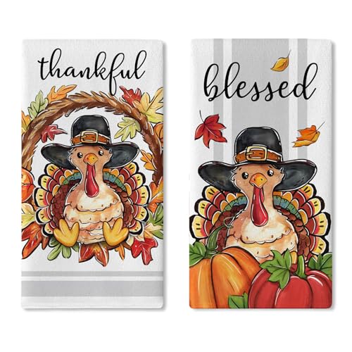 Croar Geschirrtücher mit Aufschrift "Thanksgiving Truthahn", 2er-Set, Herbst-Dankbarkeit, gesegneter Kürbis, Ahornblätter, Trocken-Handtuch, Backen, Kochtuch, Herbst-Bauernhaus, Badezimmer von Croar