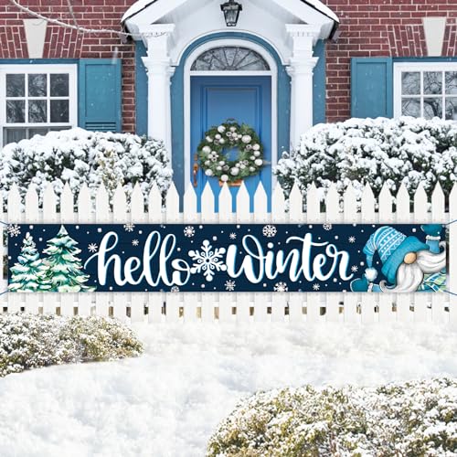 Croar Hallo Winter blauer Zwerg großes Outdoor-Banner 308 x 50 cm, Tannenbaum-Schneeflocken, dekorativer Zaun, Hof, Garten, Schild, Hintergrund, Heimdekoration, Weihnachtsfeiertag, Bauernhaus, von Croar