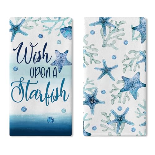 Croar Wish Upon A Seestern Strandküchen-Geschirrtücher, 2er-Set, blaue Küste, Meer, Koralle, Muschel, Handtuch, Backen, Kochen, Handtuch, nautisches Ozean, Badezimmer, Heimdekoration, 45,7 x 66 cm von Croar