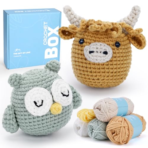 CROCHET BOX Complete Crochet Kit for Beginners - 2 PCS Highland Cow and Owl Crochet Kit, Flower Style, Include Video Tutorial, Instruction, Soft Yarn, Birthday Gift von CrochetBox
