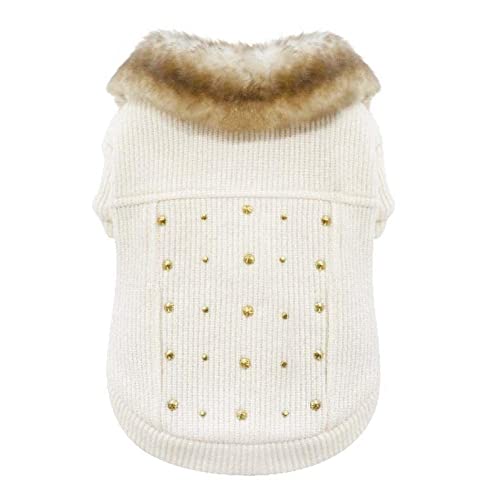 Croci Gold Studs Hunde-Sweatshirt, Rückengröße 35 cm, gefüttert und verstellbar mit Klettverschluss, mit Gummizug und Loch für Leine und Geschirr, weiße Farbe von Croci