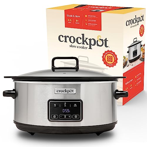 Crockpot Sizzle & Stew Digital Slow Cooker | 6,5 L (8+ Personen) | Abnehmbare induktionsgeeignete Schüssel für Fleisch und Gemüse | EU 2 Pin Stecker | Edelstahl [CSC112X] von Crock-Pot