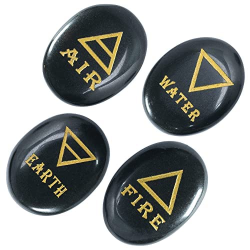 Crocon 4 Elements Black Tourmaline Stones Engraved Triangle Symbols (Earth Air Fire Water) Polished Palm Stones for Gemstone Reiki Crystals Healing von Crocon