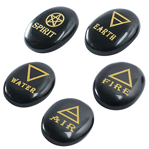 Crocon 5 Elements Black Tourmaline Stones Engraved Triangle Symbols (Earth Air Fire Water Spirit) Polished Palm Stones for Gemstone Reiki Crystals Healing von Crocon