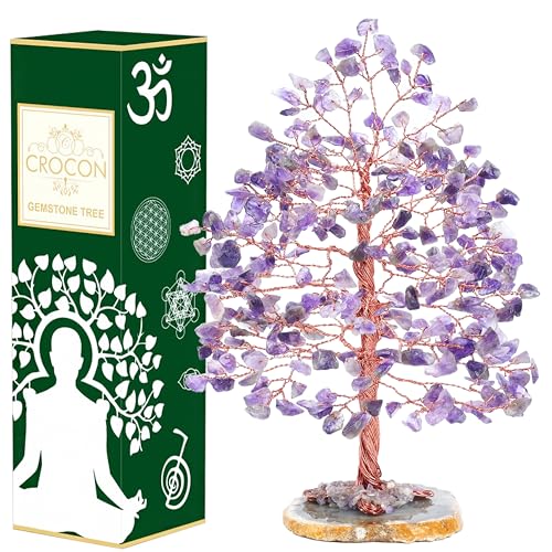 Crocon Amethystkristall Lebensbaum Geode Achatscheibe Basis Chakra-Baum für handgefertigter Edelsteinbaum Feng-Shui-Dekor Kupferdraht Geld-Bonsai Heilstein Glücksbringer spirituelles Geschenk von Crocon