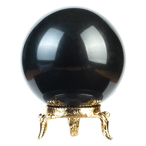 Crocon Black Tourmaline Stone Sphere with Metal Stand Gemstone Sphere Healing Ball Sculpture Figurine for Fengshui Divination Home Halloween Decoration Photography Size: 50-60mm von Crocon