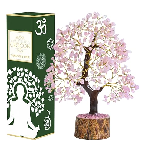 Rosenquarz-Edelstein, Lebensbaum, Kristallbaum zur Heilung, Feng Shui, Glücksbringer, Edelstein, Bonsai, Geldbaum, Meditation, spirituelle Geburtstagsgeschenke für Frauen, Größe: 25,4–30,5 cm von Crocon