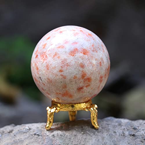 Crocon Sunstone Stone Sphere with Metal Stand Gemstone Sphere Healing Ball Sculpture Figurine for Fengshui Divination Home Decoration Photography Size: 50-60mm von Crocon