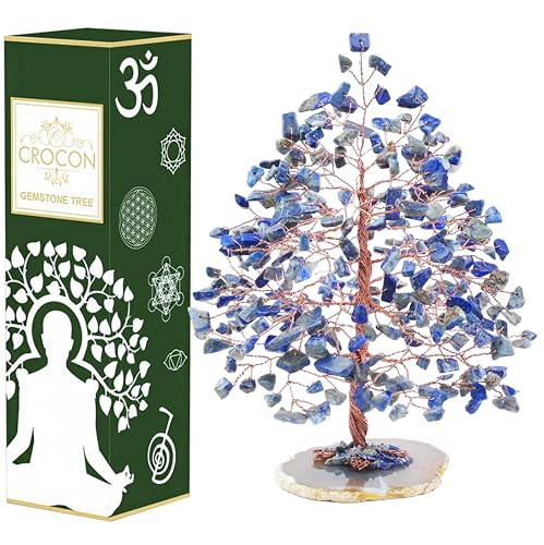 Lebensbaum aus Lapislazuli-Edelstein Basis aus Geoden-Achatscheibe Kristallbaum für handgefertigter Chakra-Baum Feng-Shui-Dekor Geld-Bonsai aus Kupferdraht Edelsteinbaum mit Heilsteinen, von Crocon