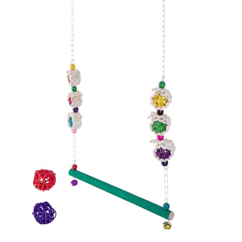 Croovepi Vogelschaukel mit Glocke, Hühnerspielzeug für Stall mit 2 Rattankugeln, Holz Papageienschaukel für Finken Geflügel Anreicherung Mynah Henne Nymphensittich Sittich Spielen Ruhen von Croovepi