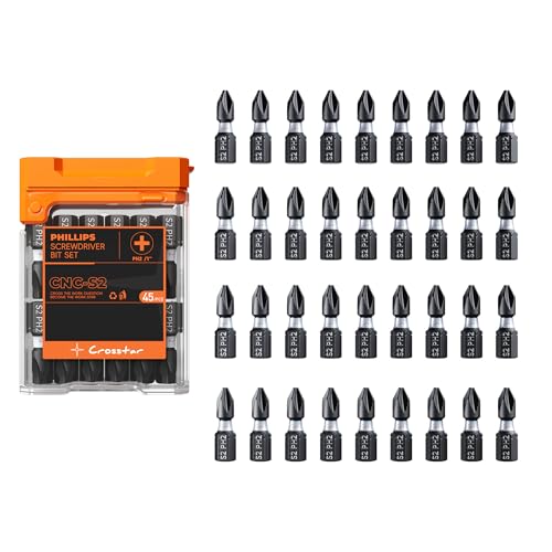 Crosstar 45 Stück 2,5 cm #2 Phillips Magnetische Schlag-Bits - Anti-Rutsch-CNC-Spitzen, S2-Legierungsstahl, 1/4-Zoll-Sechskantschaft, schlagfertig für Bohrer & Schraubendreher, Profi & Heimwerker Crosstar 45 Stück 2,5 cm #2 Phillips Magnetische Schlag-Bits - Anti-Rutsch-CNC-Spitzen, S2-Legierungsstahl, 1/4-Zoll-Sechskantschaft, schlagfertig für Bohrer & Schraubendreher, Profi & Heimwerker von Crosstar