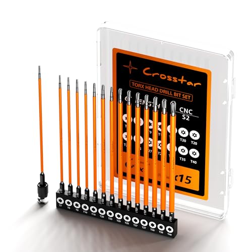 Crosstar Torx-Bit-Set, 15,2 cm, lang, 15-teilig (TT7-TT40), S2-Stahl, manipulationssicher, 6,35 mm Sechskantschaft, Magnethalter und Aufbewahrungsbox mit Magnetisierer von Crosstar