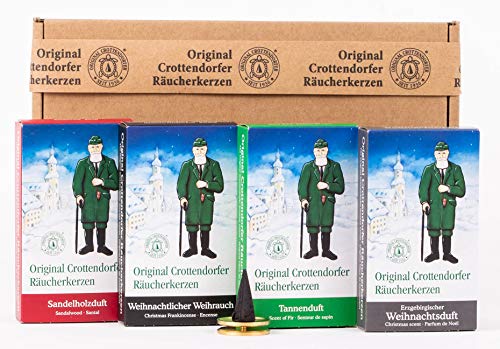 Crottendorfer Räucherkerzen - Weihnachtlicher Weihrauch, Erzgebirgischer Weihnachtsduft, Sandelholzduft,Tannenduft 4er Pack - in Geschenkverpackung mit Messingteller (4 x 24 Stück) von Yecna