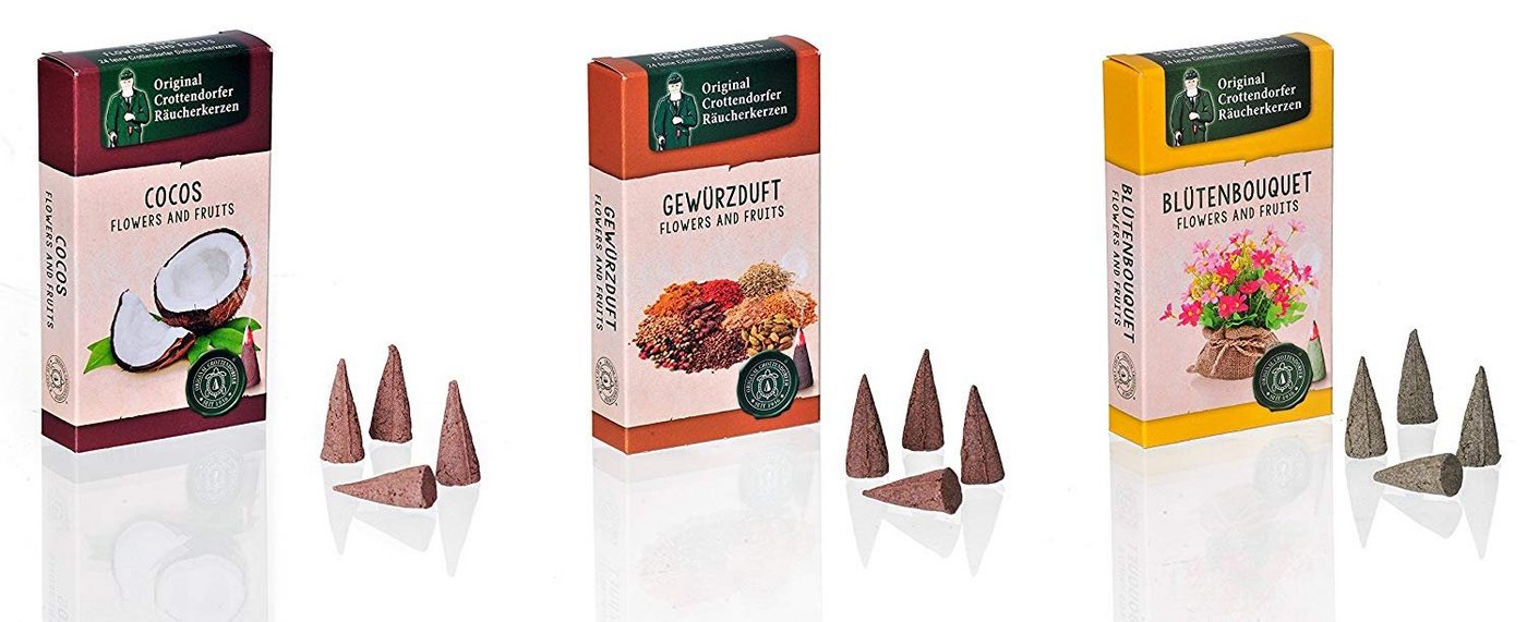 Crottendorfer Duftkerze 3er Set: Cocos / Gewürzduft / Blütenbouquet, je 24 Räucherkerzen der Größe M - Made in Germany von Crottendorfer