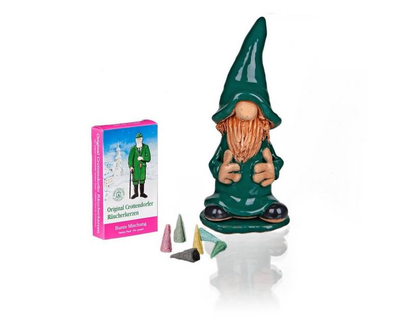 Crottendorfer Räuchermännchen 3702, grüner Keramik Wichtel, inkl. 24er Räucherkerzen "Bunte Mischung" von Crottendorfer