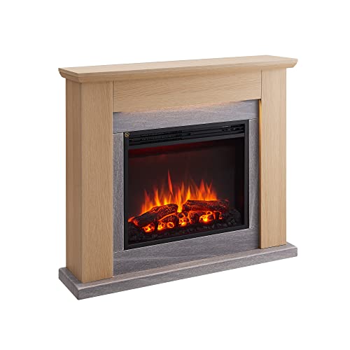 CrownFlame Hektor Elektrokamin - Elektrischer Standkamin mit Heizung 1000/2000 W, realistischer 3D-Flammeneffekt, LED-Beleuchtung, Fernbedienung programmierbar, Timer, Thermostat - Hellbraun von CrownFlame