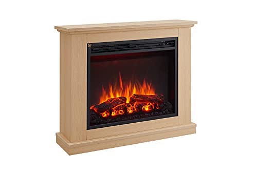 CrownFlame Phanos Elektrokamin - Elektrischer Standkamin mit Heizung 1000/2000 W, realistischer 3D-Flammeneffekt, Fernbedienung programmierbar, Timer, Thermostat - Hellbraun von CrownFlame