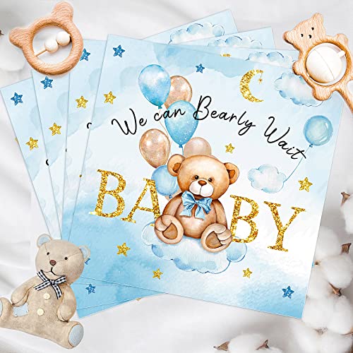 We Can Bearly Wait Babyparty-Servietten, Babyparty-Dekorationen für Jungen, Bären-Gefälligkeiten, Servietten, Cocktail-Dessert, Einweg-Servietten, Papier für Jungen oder Mädchen, Blau,Gold von Crtiin