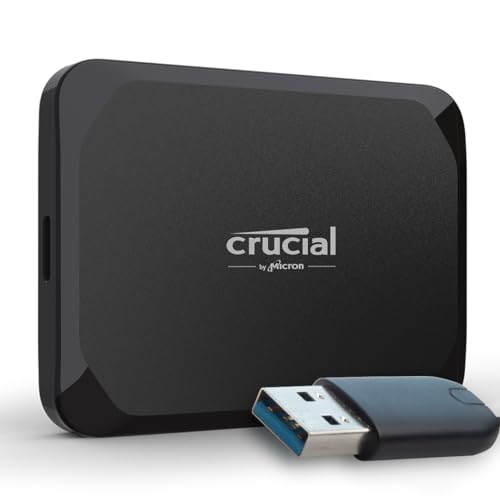 Crucial X9 2TB Portable SSD Festplatte mit USB-A Adapter, bis zu 1050MB/s, kompatibel mit PC, Mac und Spielekonsolen, Externe SSD, USB-C 3.2 - CT2000X9SSD902 von Crucial