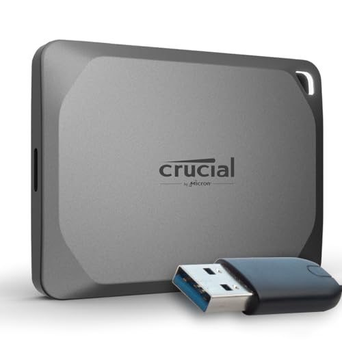 Crucial X9 Pro 2TB Externe SSD Festplatte mit USB-A Adapter, bis zu 1050MB/s Lesen/Schreiben, , Wasser- und Staubgeschützt (IP55), USB-C 3.2 Portable SSD - CT2000X9PROSSD902 von Crucial