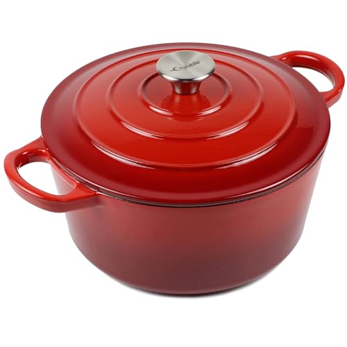 Crucible Cookware Emaillierter Gusseisentopf aus holländischem Ofen mit Doppelgriff und Auflaufform - runder Griff Rot 26 cm (10,23") von Crucible Cookware