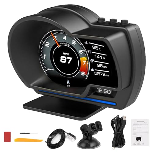 Crumye Head Up Display Auto HUD Dual System OBD2 + GPS Smart Gauge Auto HUD Tachometer Turbo RPM Alarm für Auto LKW von Crumye