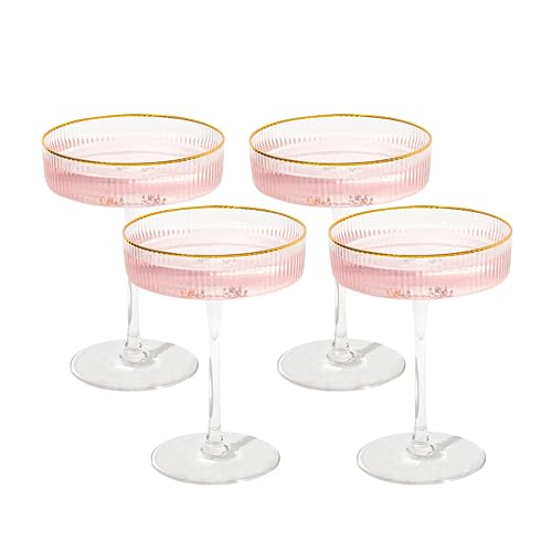 Crutello Champagner-Coupé-Gläser-Set, Goldrand, 200 ml, Vintage-Cocktailglas, gerippt, geriffelte Glaswaren für Champagner, Martini, Manhattan, Cosmopolitan, Spritz & Frozen Drinks von Crutello