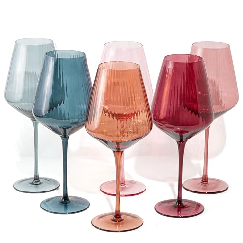Crutello Moderne farbige Weingläser, 473 ml, bunte Gläser, einzigartige geriffelte farbige Glaswaren mit gerippter Textur, Art-Deco-Rot- und schickes Weißweinglas, 6 Stück von Crutello