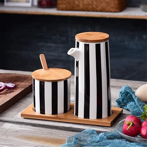 Crysdaralovebi Nordic Keramik schwarz und weiß gestreift Gewürzglas Set Salz Pfeffer Shaker Zuckerdose Öl Sojasauce Flasche Essig Topf Küchenwerkzeug (C) von Crysdaralovebi
