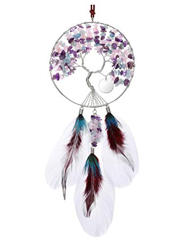 CrystalTears 7 Chakren Lebensbaum Fensterdeko Hängend Handgefertigt Wire Wrap Trommelsteine Baum des Lebensbaum Feng Shui Deko Edelstein Traumfänger(Amethyst/Rosenquarz/Aquamarin) von CrystalTears