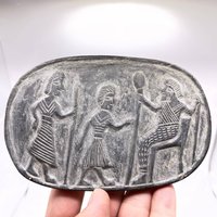 Antiker Naher Osten Sassanian Alter Schwarzer Stein Könige Intaglio Gravierte Figuren Fliesen Relief von CrystalballStore
