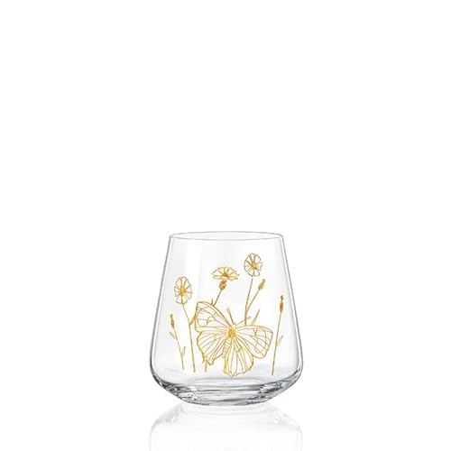 Becher Wassergläser Glas Wild Flowers Kristallgläser Schmetterling Kristallglas, Pantografie in Gold mit Schmetterling Bohemia 400 ml 6er Set von Crystalex