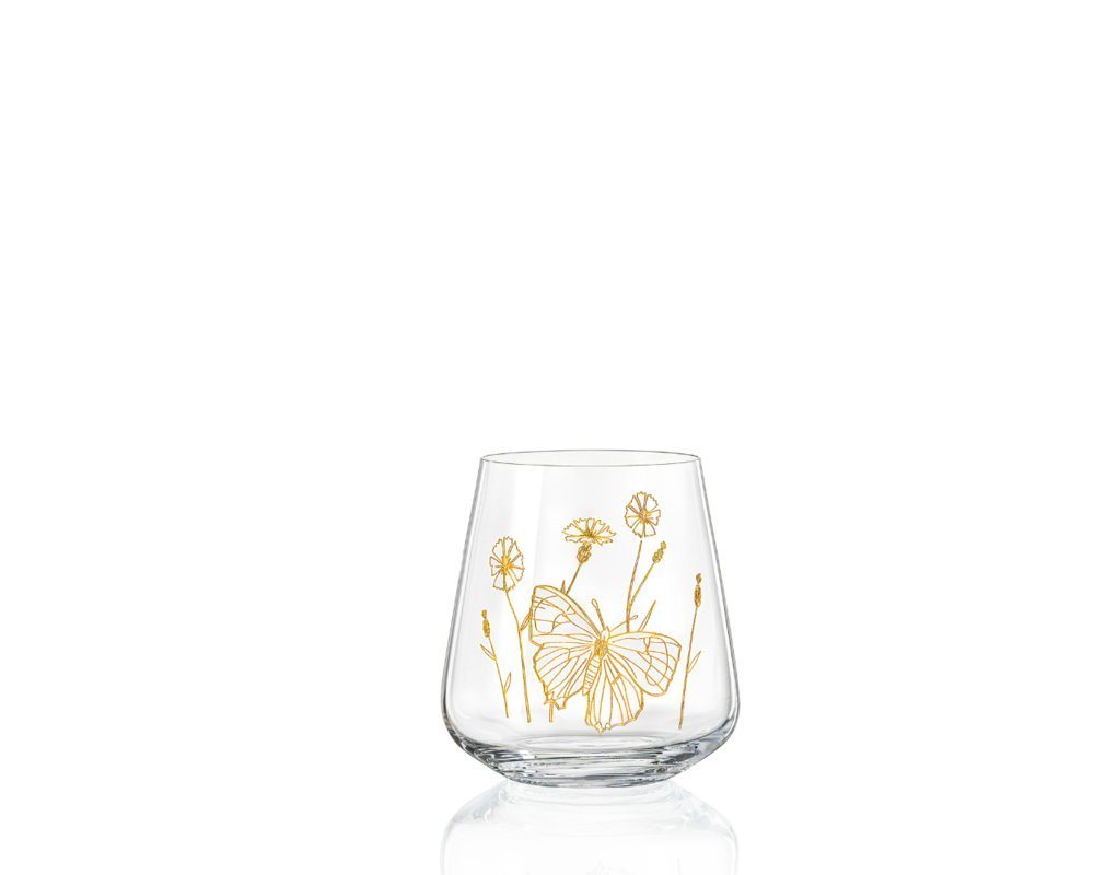Crystalex Glas Becher Wassergläser Glas Wild Flowers Kristallgläser Schmetterling, Kristallglas, Pantografie in Gold mit Schmetterling Bohemia 400 ml 6er Set von Crystalex