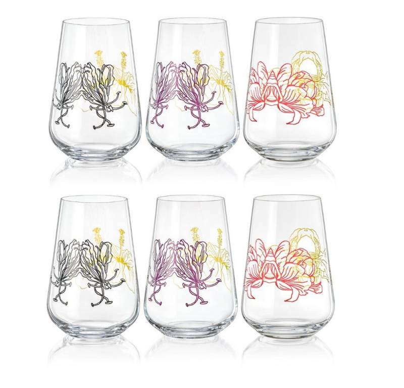 Crystalex Longdrinkglas Adele Longdrinks 380 ml 6er Set, Kristallglas, Kristallglas, schwarz-gold, lila-gold, rot-gold, Blumenmotiv von Crystalex