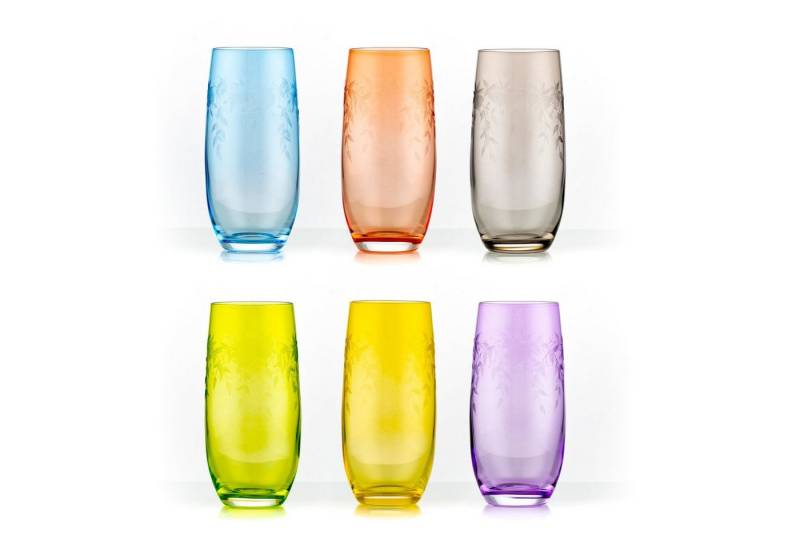 Crystalex Longdrinkglas Floral Claudia Longdrinks 350 ml 6er Set, Kristallglas, Kristallglas, Gravur, Farbig: gelb, grün, blau, grau, rosa, lila von Crystalex