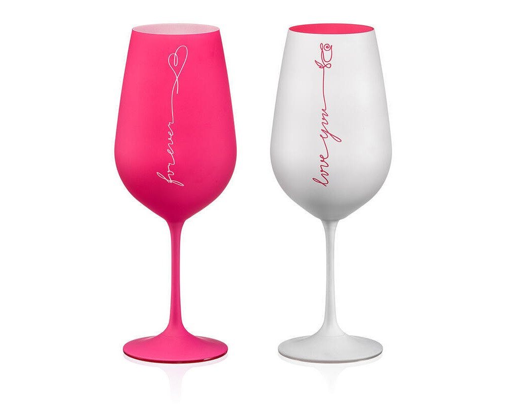 Crystalex Rotweinglas Love Forever Kristallglas in pink-weiß 550 ml 2er Set, Kristallglas, Kristallglas, besprüht, pink weiß matt von Crystalex