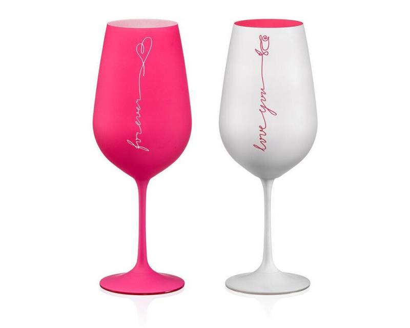 Crystalex Rotweinglas Love Forever Kristallglas in pink-weiß 550 ml 2er Set, Kristallglas, Kristallglas, besprüht, pink weiß matt von Crystalex
