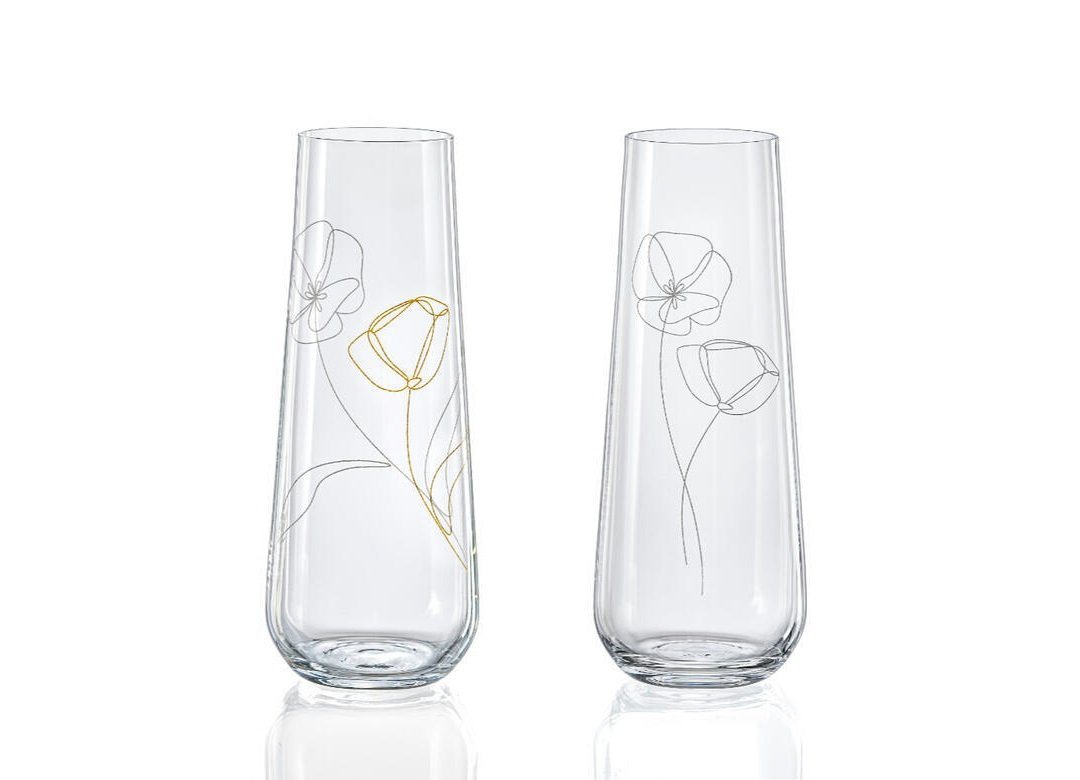 Crystalex Sektglas Blooming Meadow Prosecco Gläser 2 Dekorationen, Kristallglas, 250 ml, 4er Set von Crystalex