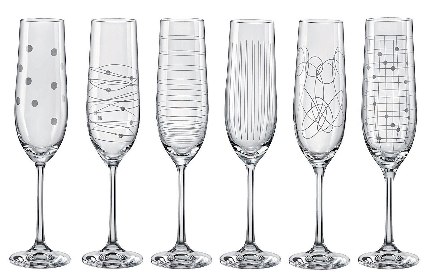 Crystalex Sektglas Elements Sektgläser 190 ml 6er Set, Kristallglas, 6 verschiedene eingravierte Muster von Crystalex