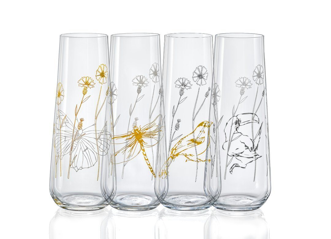 Crystalex Sektglas Meadow Prosecco Gläser 4 verschiedene Dekorationen gold Platin, Kristallglas, Kristallglas, 240 ml, 4er Set von Crystalex