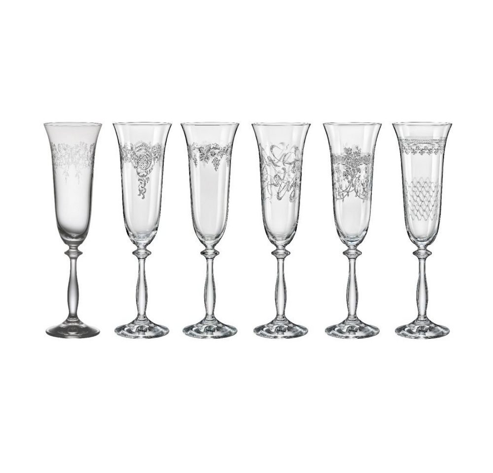 Crystalex Sektglas Royal mit unterschiedlichen Ornamenten, Kristallglas, Kristallglas, 6 Gläser mit verschiedenen Ornamenten, Pantografie von Crystalex